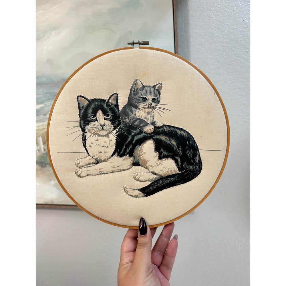 Vintage Handmade Cat Embroidery Hoop Art Tuxedo and Tabby Kitten Wall Decor